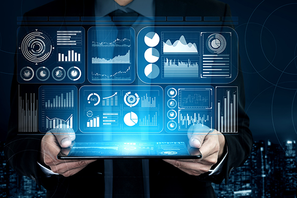 Modern graphic interface shows massive information of business sale report, profit chart and customer data analysis on screen monitor.