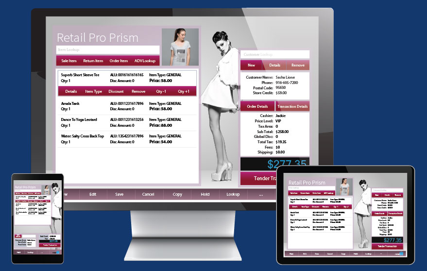 Computer, tablet, and phone running Retail Pro Prism