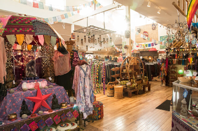 Panoramic view of a store with many indie items and imported items and trinkets