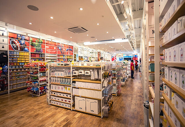 Inside a Miniso UK. Shelves of merchandise