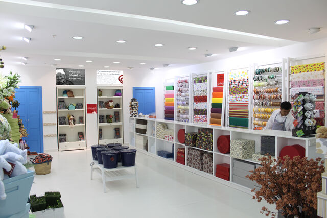Full view of two adjacent walls inside the store, with shelves of goods of every color