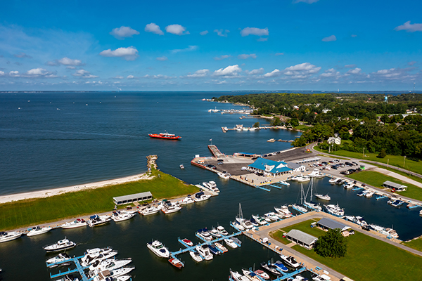Overhead view of a marina on Kelleys Island