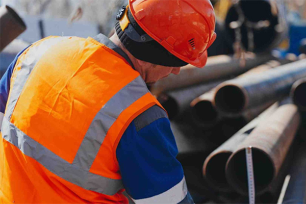 Construction worker measurea a pipe with a tape measure