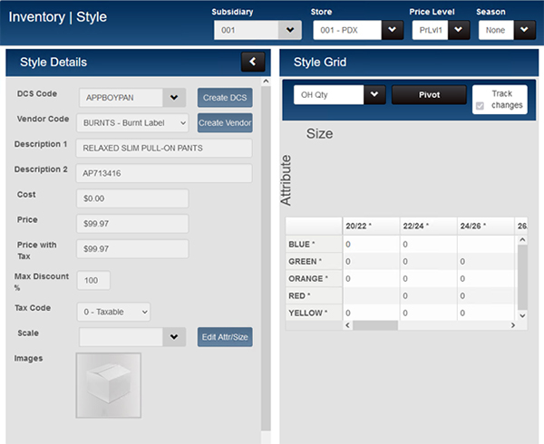 Retail Pro Prism® 2  Inventory Details screen which RDi syncs directly to the Magento site