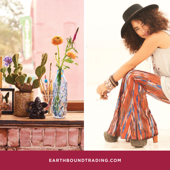 Earthbound Trading Co logo and woman sitting down and looking to her left.